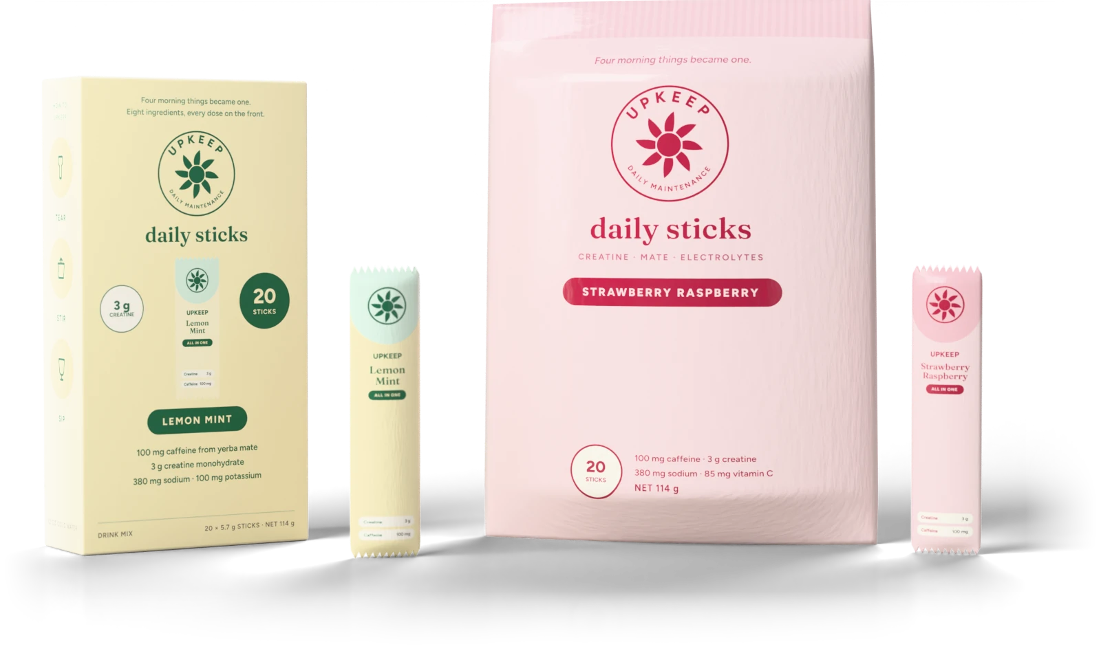 The Upkeep range: a Lemon Mint carton, a Lemon Mint stick, a Strawberry Raspberry pouch and a Strawberry Raspberry stick, on a warm cream backdrop