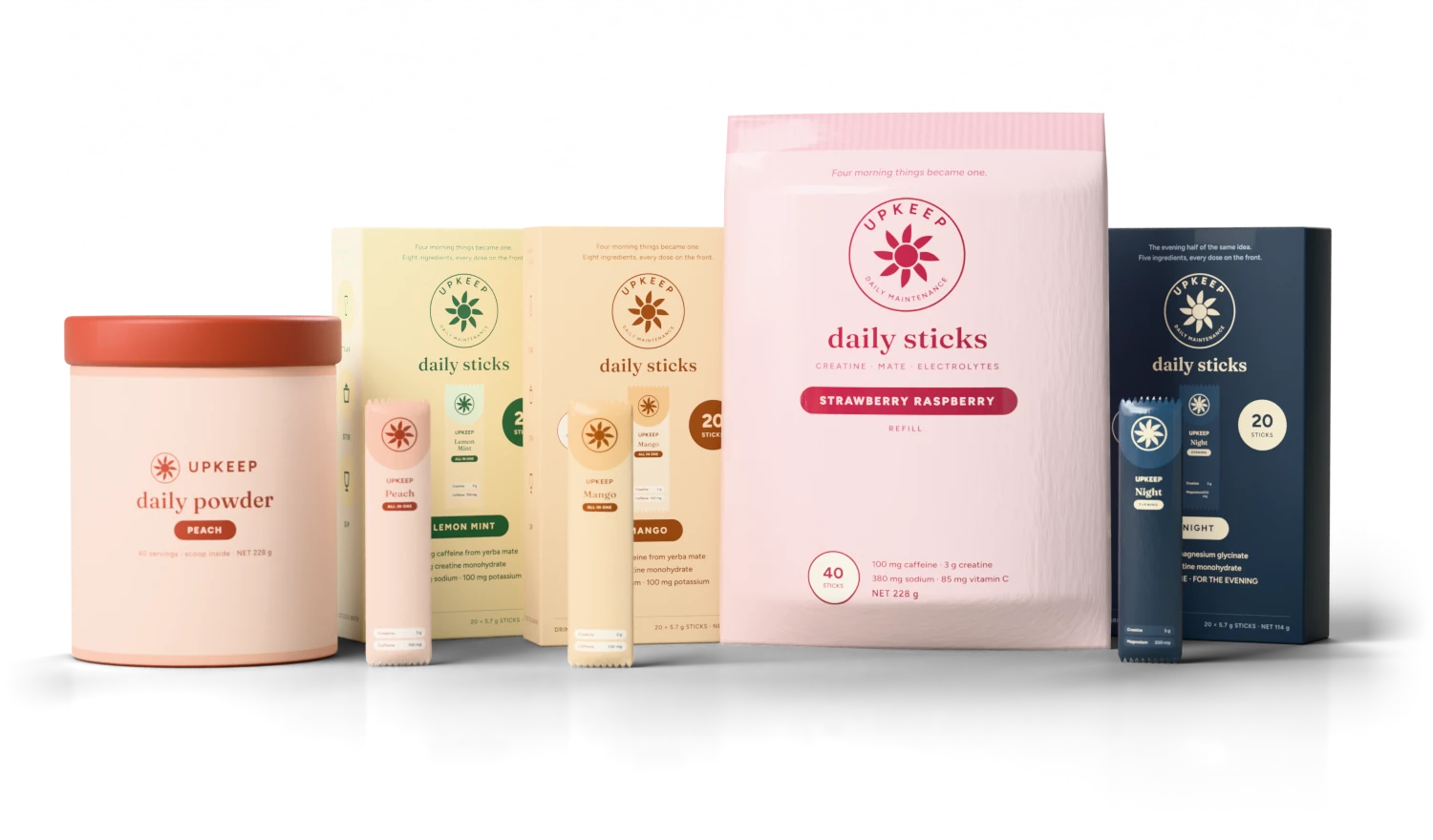 The planned Upkeep range: a Peach tub, Lemon Mint and Mango cartons, a Strawberry Raspberry refill pouch, an Upkeep Night carton and loose sticks
